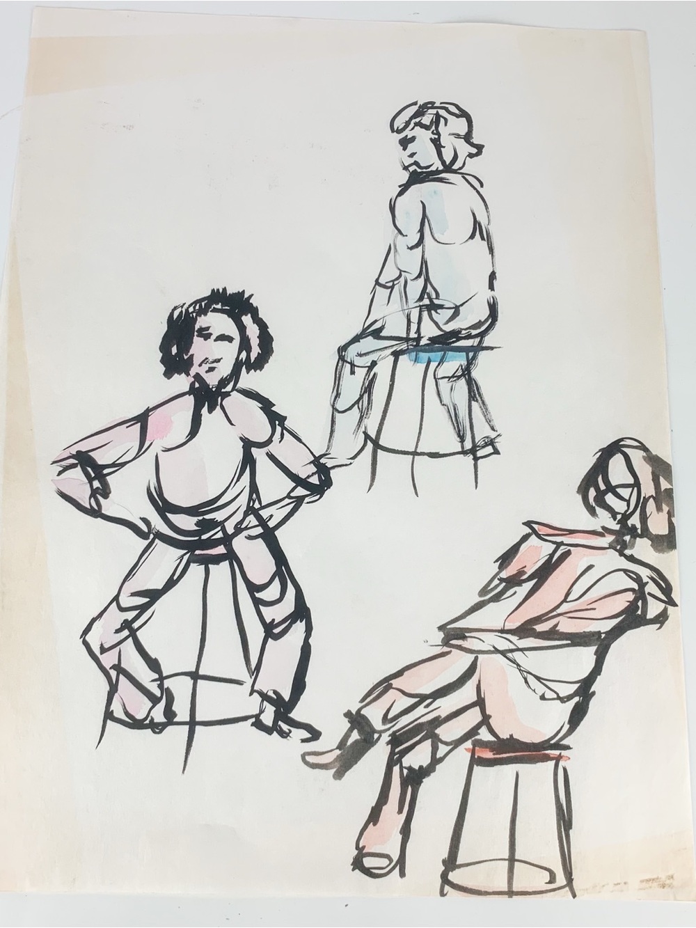 Vintage Watercolor Figures Stools Painting Paper Mid Century Mod Rosemarie Hahn